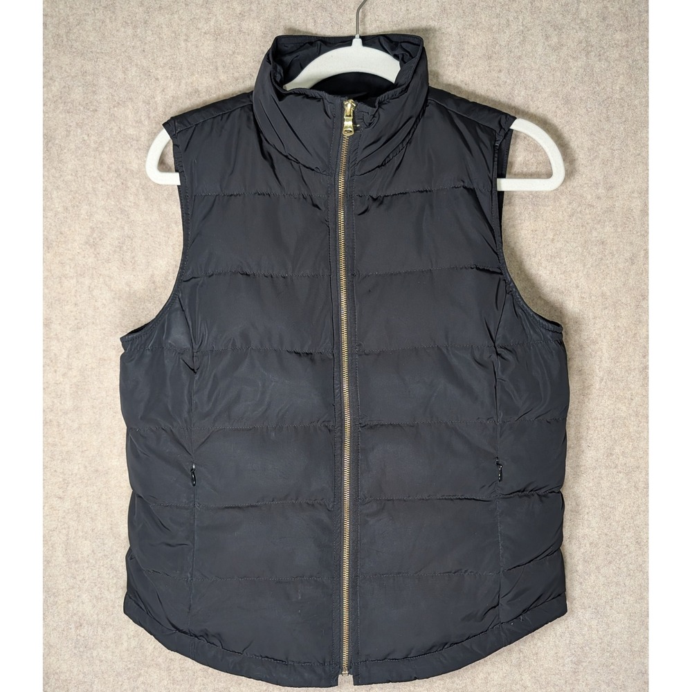 Talbots Womens Black Down Feather Puffer Vest Gold Zip Small